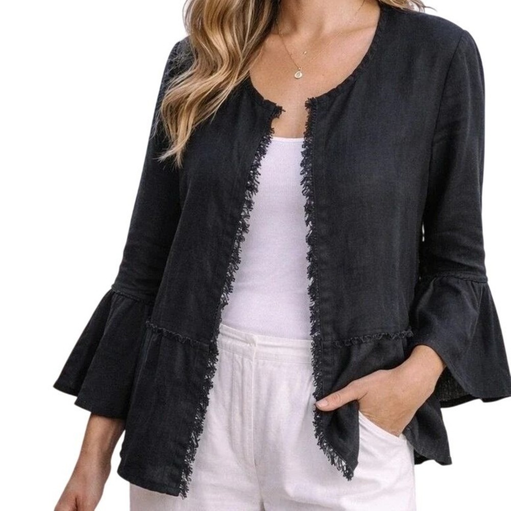Chicos‎ Jacket Womens Large Black 100% Linen Bell Sleeve Fringe Trim Boho Chic